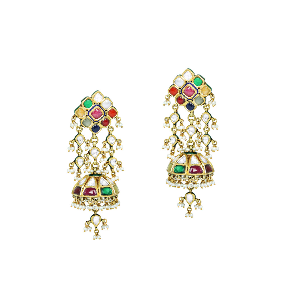 Navratan Jhumki Earrings with Polki, Navratan Gems, and Pearl Drops
